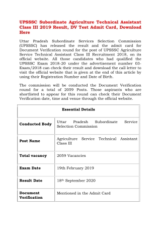 UPSSSC Subordinate Agriculture Technical Assistant Class III 2019 Result, DV Test Admit Card, Download Here