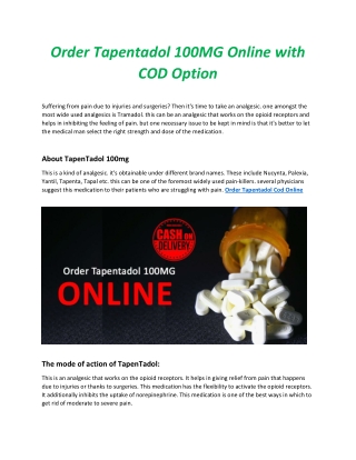 Order Tapentadol 100MG Online With COD Option