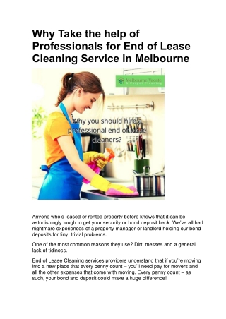 Why Take the help of Professionals for End of Lease Cleaning Service in Melbourne