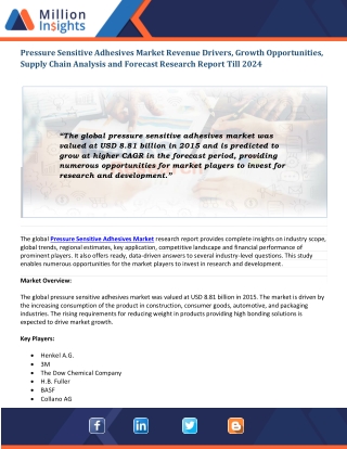 Pressure Sensitive Adhesives Market Revenue Drivers | Key Players and Opportunities | Forecast To 2024