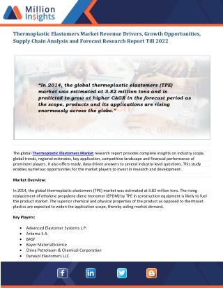 Thermoplastic Elastomers Market Revenue Drivers | Application and Share Analysis | Forecast To 2022