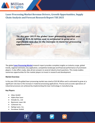 Laser Processing Market Prominent Players | Revenue, Trends & Application | Forecast To 2025