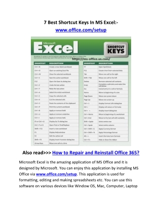 7 Best Shortcut Keys In MS Excel:- www.office.com/setup