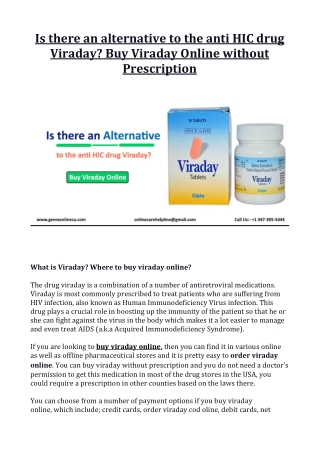 Is there an alternative to the anti HIC drug Viraday? Buy Viraday Online without Prescription