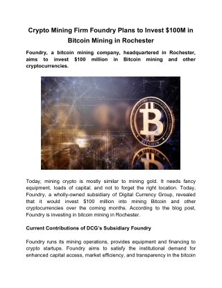 Crypto Mining Firm Foundry Plans to Invest $100M in Bitcoin Mining in Rochester