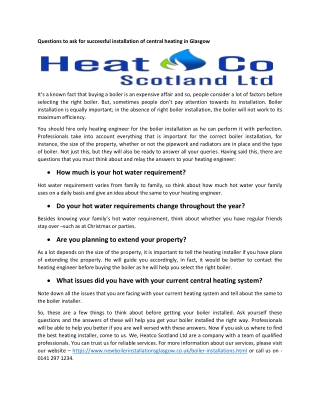 Questions to ask for successful installation of central heating in Glasgow