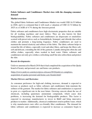 Fabric Softeners and Conditioners Market Size and Share to 2025