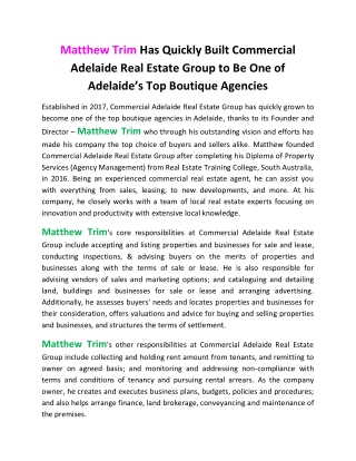 Matthew Trim Has Quickly Built Commercial Adelaide Real Estate Group to Be One of Adelaide’s Top Boutique Agencies