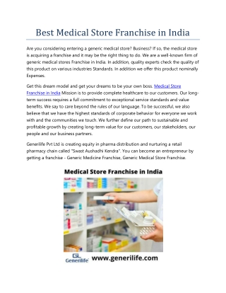 Best Medical Store Franchise in India