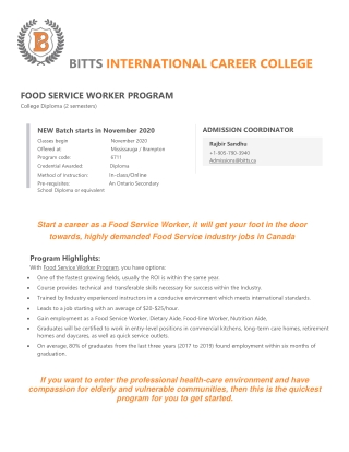 Food Service Worker Diploma Course in Mississauga
