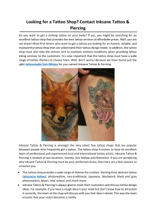 Looking for a Tattoo Shop? Contact Inksane Tattoo & Piercing