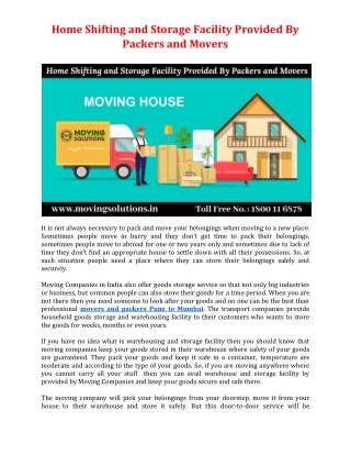 Home Shifting and Storage Facility Provided By Packers and Movers