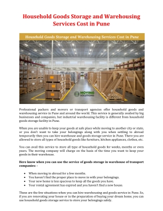 Household Goods Storage and Warehousing Services Cost in Pune