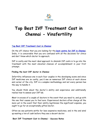 Top Best IVF Treatment Cost in Chennai - Vinsfertility