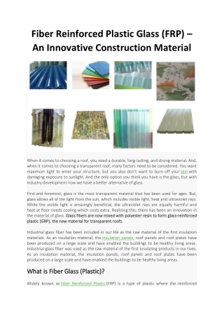 Fiber Reinforced Plastic Glass (FRP) – An Innovative Construction Material