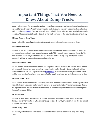 Important Things That You Need to Know About Dump Trucks