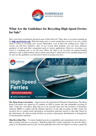 What Are the Guidelines for Recycling High Speed Ferries for Sale?