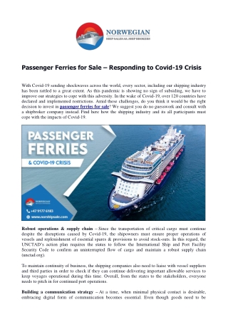 Passenger Ferries for Sale – Responding to Covid-19 Crisis