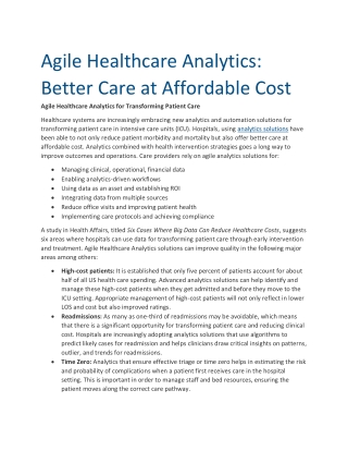 Agile Healthcare Analytics: Better Care at Affordable Cost