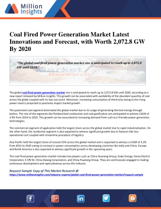 Coal Fired Power Generation Market Latest Innovations and Forecast, with Worth 2,072.8 GW By 2020