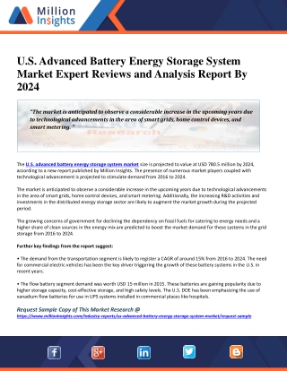 U.S. Advanced Battery Energy Storage System Market Expert Reviews and Analysis Report By 2024