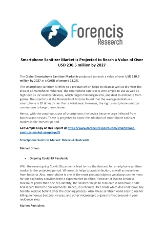 Smartphone Sanitizer Market is Projected to Reach a Value of Over USD 230.5 million by 2027