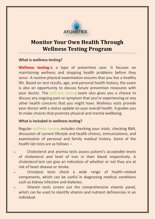 Monitor Your Own Health Through Wellness Testing Program
