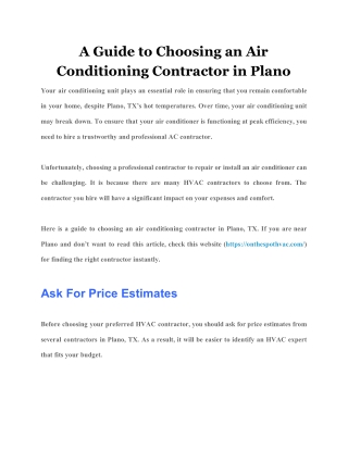 A Guide to Choosing an Air Conditioning Contractor in Plano