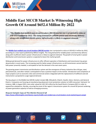 Middle East MCCB Market Is Witnessing High Growth Of Around $652.4 Million By 2022