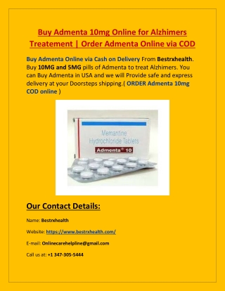 Buy Admenta 10mg Online for Alzhimers Treatement | Order Admenta Online via COD