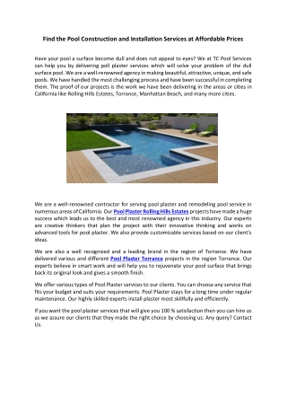 Find the Pool Construction and Installation Services at Affordable Prices