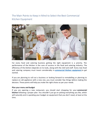 The Main Points to Keep in Mind to Select the Best Commercial Kitchen Equipment