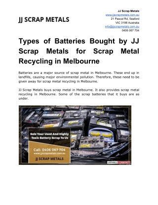 Types of Batteries Bought by JJ Scrap Metals for Scrap Metal Recycling in Melbourne
