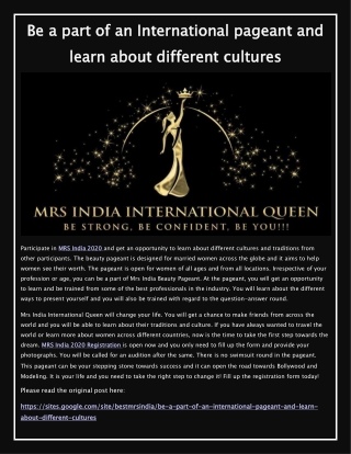 Be a part of an International pageant and learn about different cultures