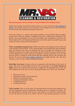 Hire the Emergency Service Provider to control Sudden Water Damage Fruita
