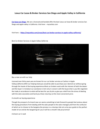 Lexus Car Lease & Broker Services San Diego and Apple Valley in California