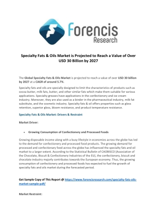 Specialty Fats & Oils Market is Projected to Reach a Value of Over USD 30 Billion by 2027