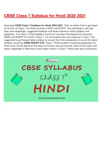 CBSE Syllabus for Class 7 Hindi Revised for 2020-21| Download in PDF