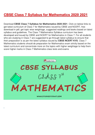 CBSE Syllabus for Class 7 Mathematics Revised for 2020-21| Download in PDF