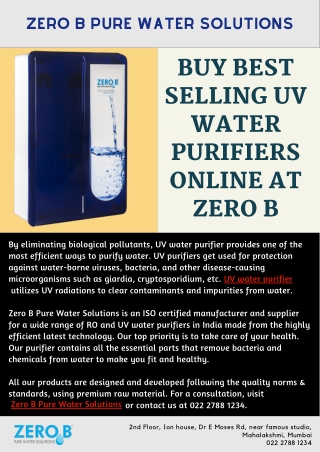 Buy Best Selling UV Water Purifiers Online at Zero B