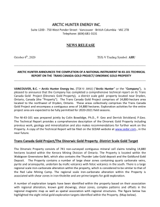 NEWS RELEASE: October 6, 2020 © Arctic Hunter Energy Inc. (TSX-V: AHU)