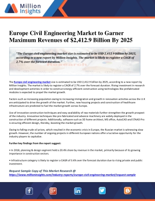 Europe Civil Engineering Market to Garner Maximum Revenues of $2,412.9 Billion By 2025