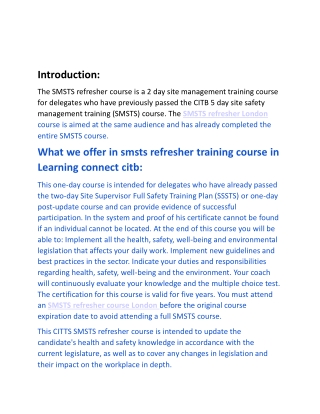What we offer in smsts refresher training course in Learning connect citb