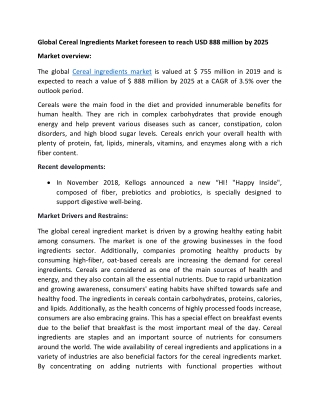 Global Cereal Ingredients Market foreseen to reach USD 888 million by 2025