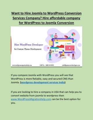 Want to Hire Joomla to WordPress Conversion Services Company? Hire affordable company for WP to Joomla Conversion