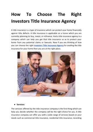 How To Choose The Right Investors Title Insurance Agency