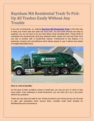Raynham MA Residential Trash To Pick-Up All Trashes Easily Without Any Trouble