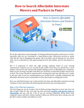 How to Search Affordable Interstate Movers and Packers in Pune?