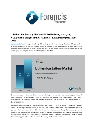 Global lithium-ion battery market Is Registering a Healthy 12.7% CAGR Between 2019 And 2024