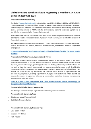 Pressure Switch Market to Reach Usd 2.48 Billion in 2024, Predicts Forencis Research